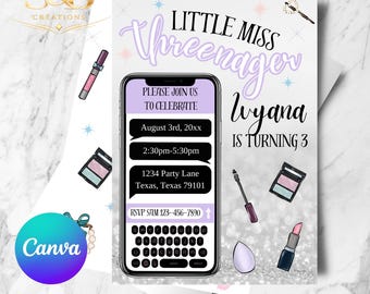 Little Miss Threenager Birthday Invitation | Editable Canva Template (Digital Download)