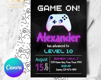 Gaming Birthday Invitation Editable in Canva | Boy Gamer Party Invite | Video Game Birthday Printable Digital Invitation