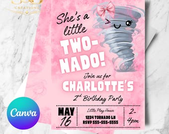 TwoNado Birthday Invite | Editable Canva 2nd Birthday Invitation | Two Nado Girl Party Digital Printable
