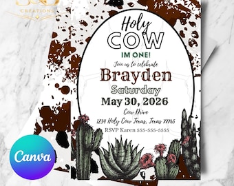 Holy Cow I’m One Birthday Invitation Editable in Canva | First Birthday Farm Party Invite | Printable Digital Invitation