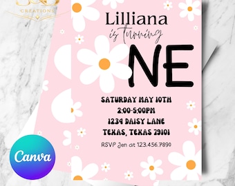 Daisy First Birthday Invitation | Editable Canva Template | Floral Baby Girl Invite | Instant Download