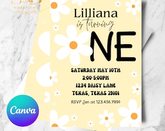 Daisy First Birthday Invitation | Editable Canva Template | Floral Baby Girl Invite | Instant Download