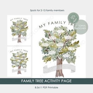 Blank Family Tree Printable - 2 to 13 names PDF - Fun Activity Page - Watercolor Family Tree