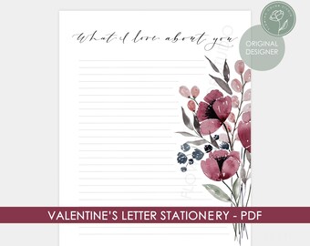 Valentine's Day Stationery - Love Letter Stationery Template -  PDF Digital Download Printable - Maroon Poppies