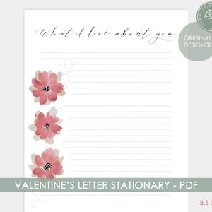 Estacionario del Día de San Valentín - Plantilla estacionaria de carta de amor - Descarga digital PDF imprimible - Trío de flores