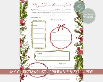 Weihnachten, Kinderweihnachtsliste, Brief an Santa, druckbare PDF-Datei, Briefgröße