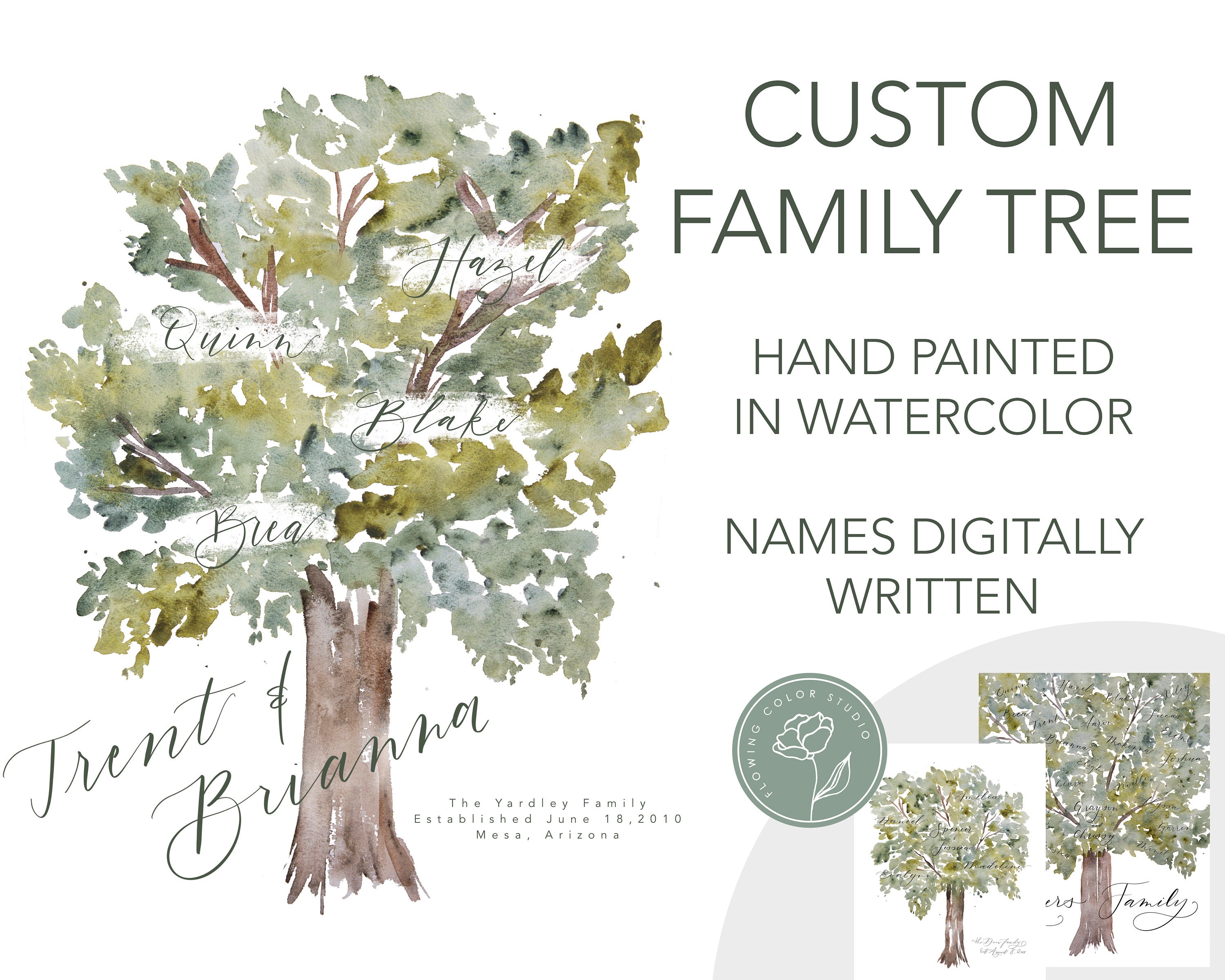Custom Watercolor Family Tree Wall Art Family Name Wall | Etsy