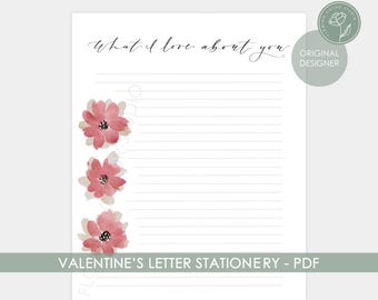 Valentine's Day Stationery - Love Letter Stationery Template -  PDF Digital Download Printable - Trio of Flowers