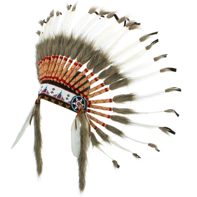 Indian Headdress Chief Feathers Bonnet Native American Gringo WHITE RED BLACK