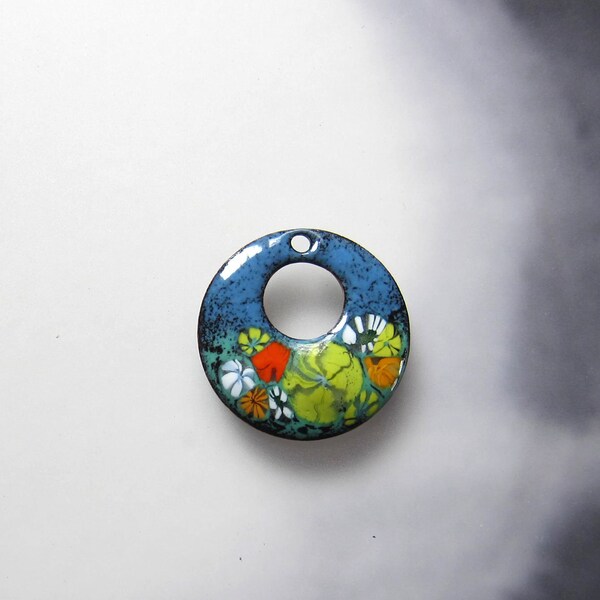 Flower garden enamel pendant Enameled copper necklace focal Open circle floral component
