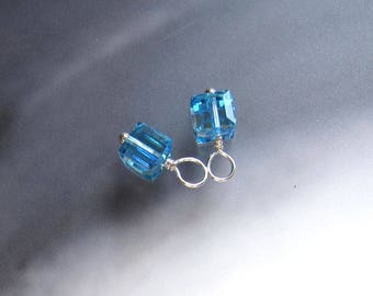 Aquamarine Swarovski crystal cube dangles March birthstone charm Sterling silver interchangeable earring add on drops