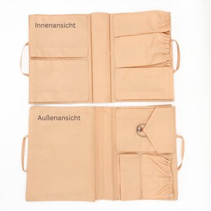 Praktischer Taschen-Organizer in Beige – Innen- und Außenansicht im Detail. Mit mehreren Fächern, elastischen Taschen und einem sicheren Verschluss bietet er optimale Ordnung für Windeln, Pflegeprodukte und persönliche Gegenstände. Perfekt für die Louis Vuitton Neverfull und andere große Taschen. Leicht, wasserabweisend und waschbar – ideal für unterwegs!