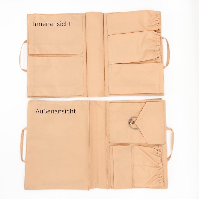 Praktischer Taschen-Organizer in Beige – Innen- und Außenansicht im Detail. Mit mehreren Fächern, elastischen Taschen und einem sicheren Verschluss bietet er optimale Ordnung für Windeln, Pflegeprodukte und persönliche Gegenstände. Perfekt für die Louis Vuitton Neverfull und andere große Taschen. Leicht, wasserabweisend und waschbar – ideal für unterwegs!