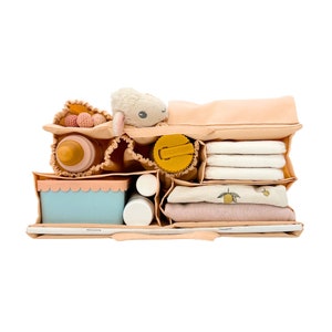May include: A peach-colored diaper bag organizer with multiple compartments. The organizer is filled with baby essentials, including a bottle, a stuffed animal, a sippy cup, diapers, wipes, and a small container.