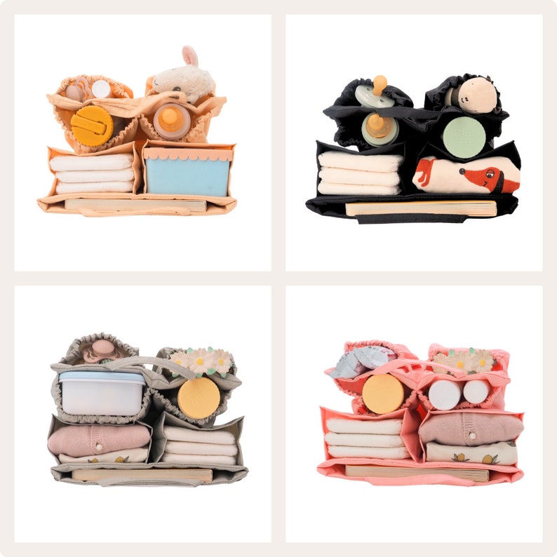 May include: Four different diaper bags with various compartments and pockets, each filled with different baby items, including diapers, wipes, bottles, toys, and clothing. The bags are in different colors, including beige, black, gray, and pink.