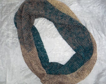 Soft knit eternitity scarf, delicate light weight eternity scarf, casual or dress accessory scarf, fine knit variegated teal and tan