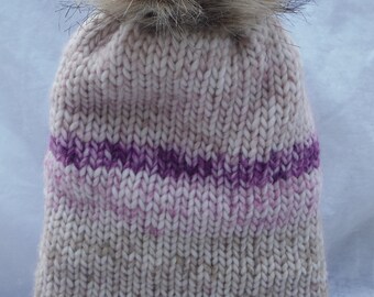 Knit Hat, Double layer knit hat, unisex winter hat, one size fits most, Warm kinitted winter hat. Faux fur pom. Tan/lavendar variegated hat