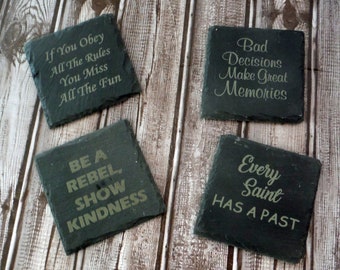 Slate Coasters - Set of 4 - Mix or Match - Engraved Coasters - Gift Coasters - Black Slate Coaster Set