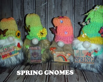 Spring Gnomes for home decor and gifts -Happy Gnomes - Happy Spring - Hello Spring - Grow a Happy Life - Knitted Gnomes - Perfect Gift