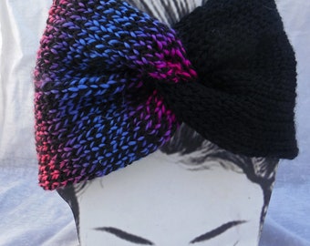 Knit Winter Headband Ear Warmer, Headband for Winter, Twisted Knit Headband Ear Warmer. Black with shades of catching bright colors!!