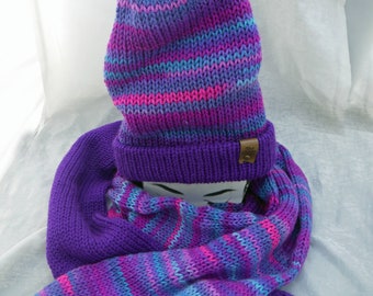 Knit Hat, scarf & neck warmer combo, Double layer knit hat, unisex, one size fits most, Warm kinitted winter hat..Purple variegated yarn.