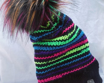 Knit Hat, Double layer knit hat, unisex winter hat, one size fits most, Warm kinitted winter hat. Faux fur  Black & neon variegated hat