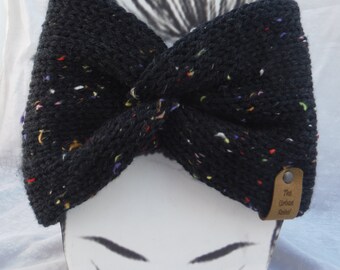Knit Winter Headband Ear Warmer, Headband for Winter, Twisted Knit Headband Ear Warmer. Black with specks of color!