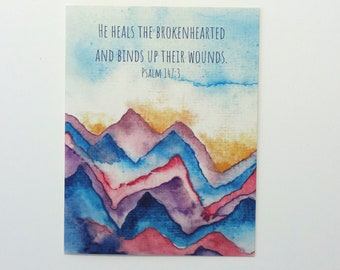 Christian Sympathy Card - He Heals the Broken Hearted - Watercolor Bible Verse - Comforting Scripture Bereavement Card - Condolences Card