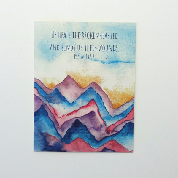 Christian Sympathy Card - He Heals the Broken Hearted - Watercolor Bible Verse - Comforting Scripture Bereavement Card - Condolences Card