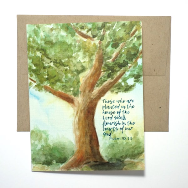 Watercolor Tree Christian Encouragement or Wedding Card - Bible Verse: Planted in the House of the Lord Scripture Card - Christian Gift Card