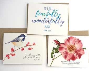 Set of Bible Verse Cards for All Occasions / Christian Birthday, Sympathy, & Encouragement Cards - Watercolor 3 Card Set