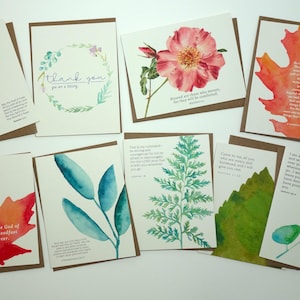 Jeu de neuf cartes bibliques avec versets encourageants et réconfortants et éléments botaniques aquarellés - Jeu de cartes versets bibliques