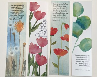 Floral Bible Verse Bookmark Set of 4 with encouraging verse and watercolor illustrations - Christian Gift - Scripture Bookmark Set