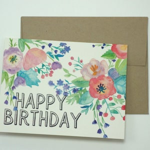 Cartão de feliz aniversário com flores - Cartão de aniversário em aquarela - Cartão de aniversário floral