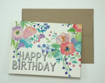 Happy Birthday Card with Flowers - Watercolor Birthday Card - Floral Birthday Card
