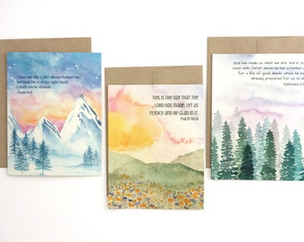 Set of Watercolor Christian Cards / Encouragement, Birthday, Wedding, Baptism Cards with Bible Verses - Watercolor 3 Card Set