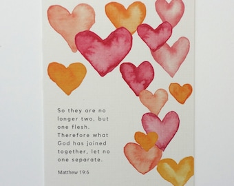 Bible Verse Wedding or Anniversary Card, Matthew 19:6 with watercolor hearts - Christian Wedding Card