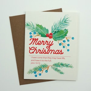 Kerstkaart met aquarelontwerp, Johannes 10:10 Ik ben gekomen dat ze leven mogen hebben - Bijbelvers Kerstkaart - Religieus Kerstfeest