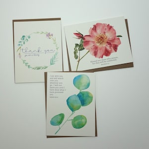 Conjunto de cartões cristãos em aquarela / cartões de incentivo e agradecimento com versículos bíblicos - Conjunto de 3 cartões em aquarela