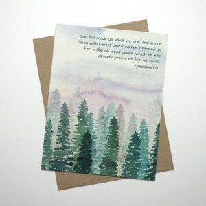 Bibelvers Geburtstagskarte, Ephesen 2:10 mit Wald und Sonnenuntergang Aquarell - Ermutigung christliche Karte