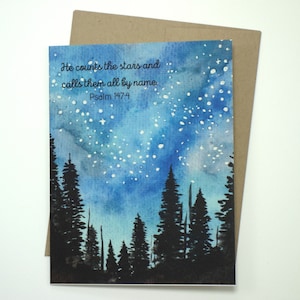 Bible Verse Encouragement Card, "He Counts the Stars" with Forest and Night Sky Watercolor - Any Occasion / Comforting Christian Card