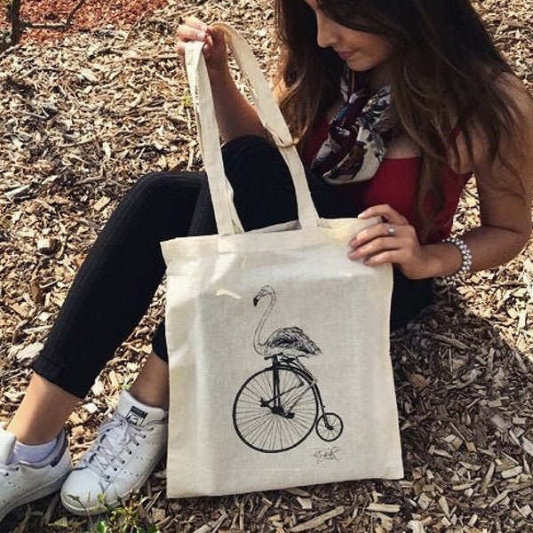 TOTE BAG Sac en tissu coton naturel Flamant pas rose en bicycle