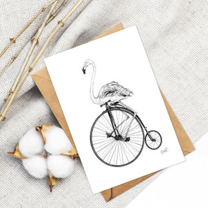 Carte postale Illustration "FLAMANT pas ROSE en BICYCLE"