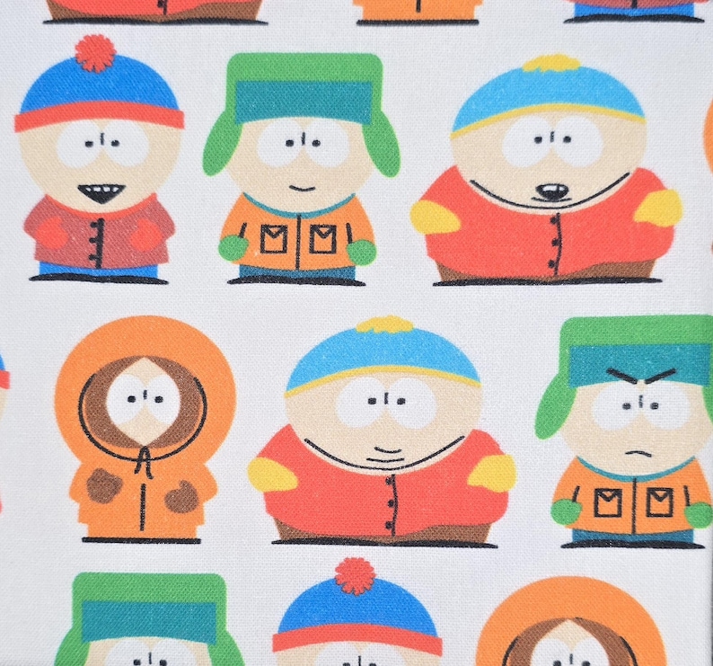 May include: A white fabric featuring a repeating pattern of South Park characters including Stan, Kyle, Cartman, and Kenny. The characters are depicted in their signature colorful outfits, including hats, parkas, and jackets, against a plain background.