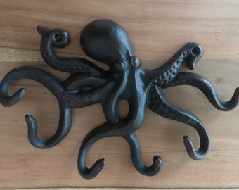 Wall Hook Cast Iron Metal Octopus Key Coat Hook Rack Hanger Rustic Brown