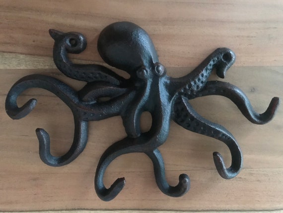 Wall Hook Cast Iron Metal Octopus Key Coat Hook Rack Hanger Rustic Brown