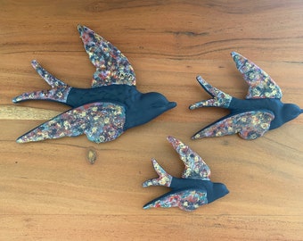 Ceramic Flying Swallow Wall Decor, Navy Gold Birds (Set of 3)