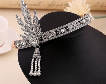Wedding Silver Great Gstsby 1920s Flapper Headpiece Bridal Headband Pearl Crown