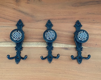 Juego de ganchos rústicos de metal negro con pomo, ganchos decorativos para abrigos/toalleras