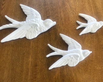 White Ceramic Flying Swallow Wall Decor, Set of 3, Retro Style